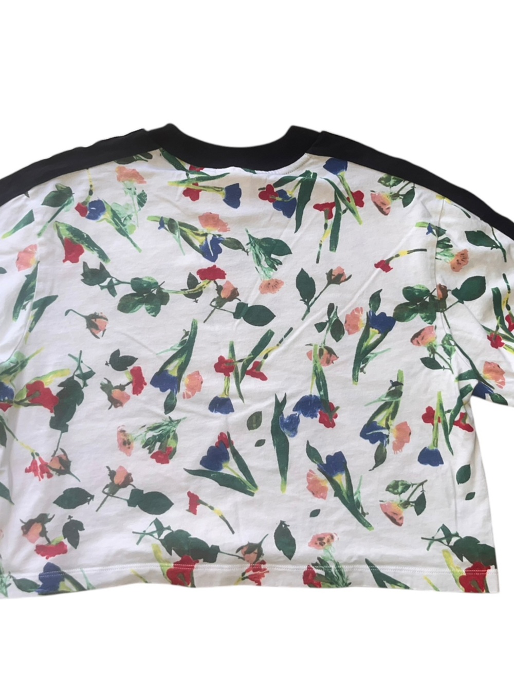 Adidas Women’s Floral Print Cropped Tee with Striped Shoulders - White/Multi - Picture 2 of 6